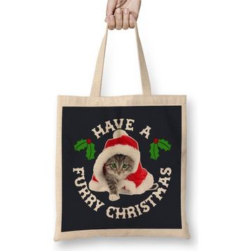 Humuts Have A Furry Christmas Cat Açık Bej Uzun Saplı Bez Çanta