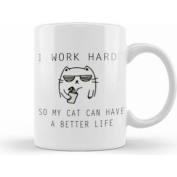 Humuts Kedi I Work Hard Cats Beyaz Kupa