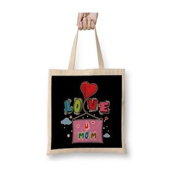 Humuts Love You Mom Anneler Günü Uzun Saplı Açık Bej Bez Çanta