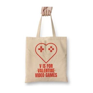 Humuts V Is for Video Games Valentine's Day Funny Design for Gamers Uzun Saplı Bez Çanta
