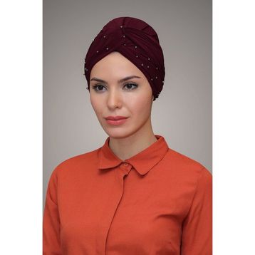 Hürrem 1870_16 Bone Bordo Sandy Kumaş Boncuklu Pratik Dolama Tesettür Bone