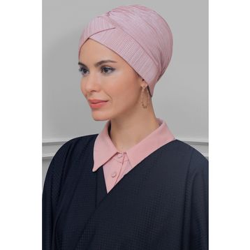 Hürrem Bone 1822_06 Pudra Fukuro Piliseli Çapraz Büzgülü Pratik Hazır Geçmeli Tesettür Bone