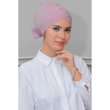 Hürrem Bone 1833_06 Pudra Sandy Kumaş Fiyonklu Çift Taraflı Tek Çapraz Pratik Hazır Geçmeli Tesettür Bone