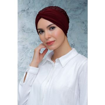 Hürrem Bone 1906_16 Bordo Sandy Kumaş Pullu Büzgülü Pratik Hazır Geçmeli Tesettür Bone