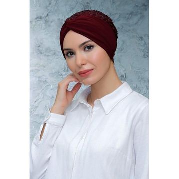 Hürrem Bone 1906_16 Bordo Sandy Kumaş Pullu Büzgülü Pratik Hazır Geçmeli Tesettür Bone