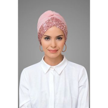 Hürrem Bone 1907_06 Pudra Sandy Kumaş Pullu Tek Çapraz Pratik Hazır Geçmeli Tesettür Bone