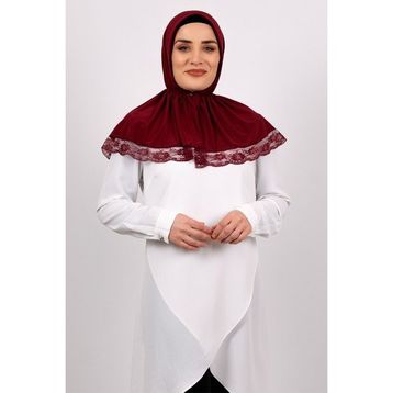 Hürrem Bone 2105-16 Bordo Viskon Çıtçıtlı Dantelli Geçmeli Eşarp