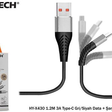Hytech HYX430 1.2M 3A Type-C Gri-Siyah Data Kablosu