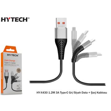 Hytech HYX430 1.2M 3A Type-C Gri-Siyah Data Kablosu