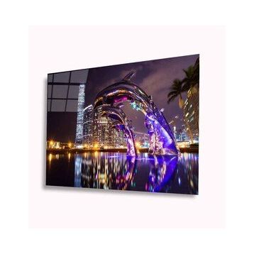 İdeal Glass Art Işıklı Yunuslar 4 mm Dayanıklı Temperli Cam Tablo