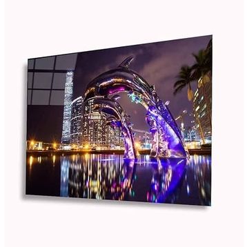 İdeal Glass Art Işıklı Yunuslar 4 mm Dayanıklı Temperli Cam Tablo