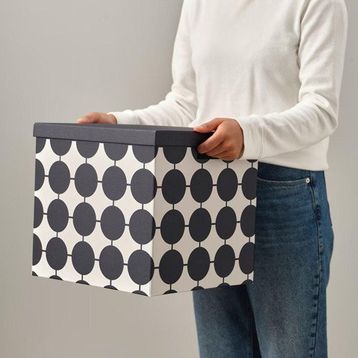 IKEA Tjena Nokta Desen 32x35x32 cm Kapaklı Dekoratif Siyah Beyaz Eşya Saklama Kutusu Düzenleme Kutusu
