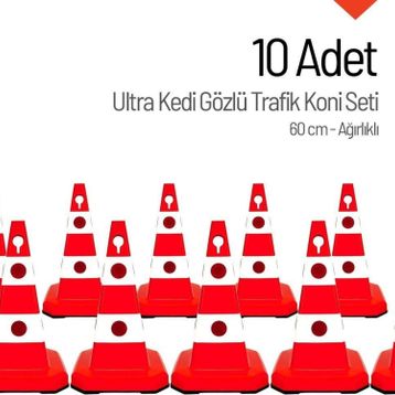 İleri Trafik Ultra Kedi Gözlü Trafik Konisi Ağırlıklı 10 Adet 60 cm Trafik Dubası