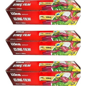 İlka 3 Paket 45 cm 500 mt Şeffaf Mutfak Rulo Streç Film Folyo