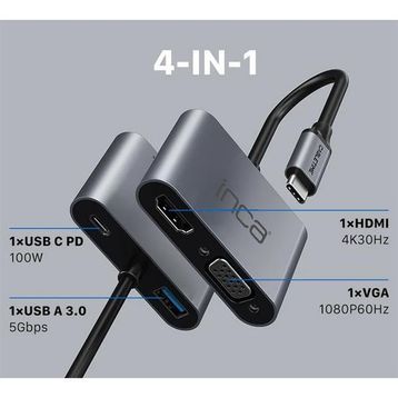 Inca ITPC-06T Type-C Hub X4 Hdmi 4K30 Hz+ VGA+ USB 3.0+PD 100W Alüminyum Kasa Çoklayıcı
