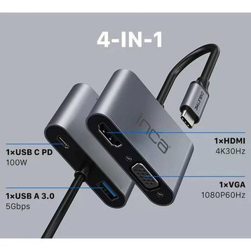 Inca ITPC-06T Type-C Hub X4 Hdmi 4K30 Hz+ VGA+ USB 3.0+PD 100W Alüminyum Kasa Çoklayıcı