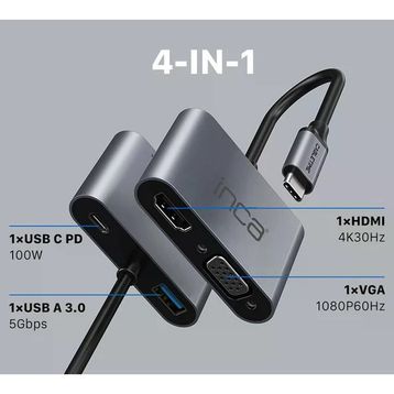 Inca ITPC-06T Type-C Hub X4 Hdmi 4K30 Hz+ VGA+ USB 3.0+PD 100W Alüminyum Kasa Çoklayıcı