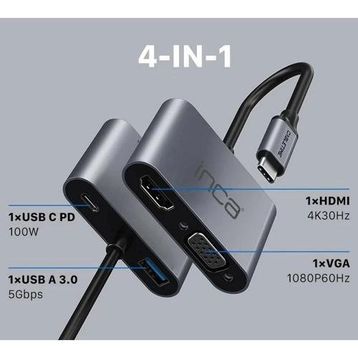 Inca ITPC-06T Type-C Hub X4 Hdmi 4K30 Hz+ VGA+ USB 3.0+PD 100W Alüminyum Kasa Çoklayıcı