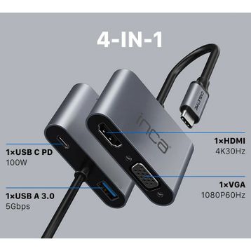 Inca ITPC-06T Type-C Hub X4 Hdmi 4K30 Hz+ VGA+ USB 3.0+PD 100W Alüminyum Kasa Çoklayıcı