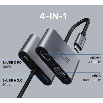Inca ITPC-06T Type-C Hub X4 Hdmi 4K30 Hz+ VGA+ USB 3.0+PD 100W Alüminyum Kasa Çoklayıcı