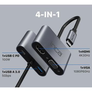 Inca ITPC-06T Type-C Hub X4 Hdmi 4K30 Hz+ VGA+ USB 3.0+PD 100W Alüminyum Kasa Çoklayıcı