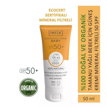 Incia 50 ml UVA UVB SPF50 Leke Karşıtı Mineral Filtreli Yüksek Koruma Bebek Güneş Kremi