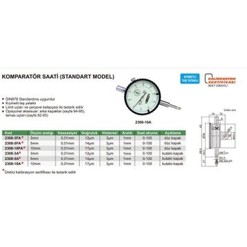 Insize 2308-10A Kulaklı Kapaklı 0-10 mm Komparatör Saati
