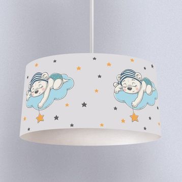 İnstababyrooms Beyaz Ayda Uyuyan Ayı Desenli Çocuk Odası Dijital Baskılı Sarkıt Avize