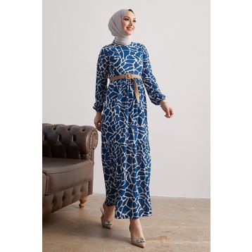Instyle Else İndigo Taş Desenli Hasır Kemerli Elbise