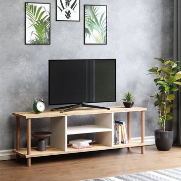 interGO Raflı Ahşap Ayaklı Çam Televizyon Sehpası