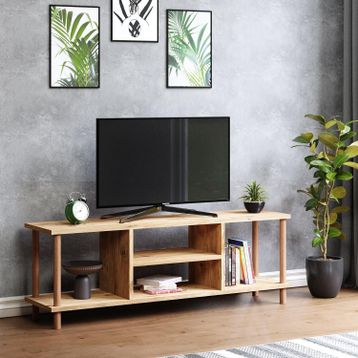 interGO Raflı Ahşap Ayaklı Çam Televizyon Sehpası