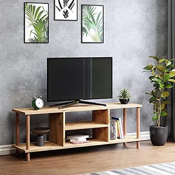 interGO Raflı Ahşap Ayaklı Çam Televizyon Sehpası