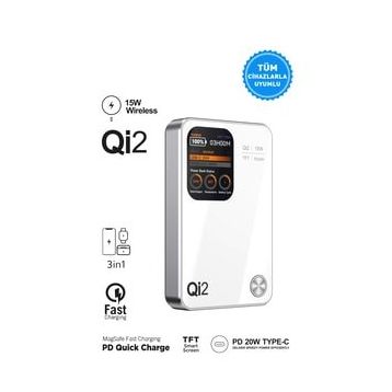 Intouch 10000 mAh MagSafe QI2/PD 20 W TFT Ekranlı Beyaz Powerbank