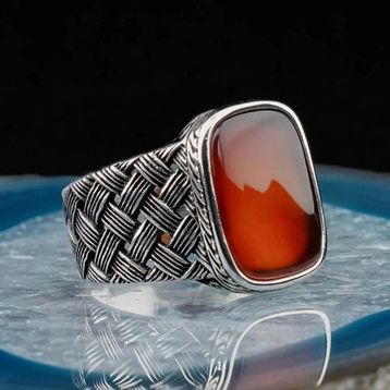 İpek Silver 925 Ayar Gümüş Bordo Akik Taşlı Örgü Model Erkek Yüzük