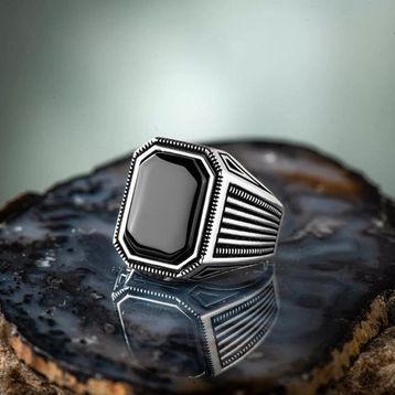 İpek Silver 925 Ayar Gümüş Çizgili Siyah Oniks Taşlı Sade Erkek Yüzük
