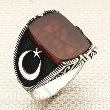 İpek Silver 925 Ayar Gümüş Kırmızı Akik Taşlı Ay Yıldızlı Erkek Yüzük