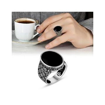 İpek Silver 925 Ayar Gümüş Örgü Desenli Siyah Oniks Taşlı Oval Erkek Yüzük
