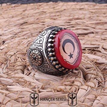 İpek Silver 925 Ayar Gümüş Sıkma Kehribar Taşlı Ay Yıldız Desenli Erkek Yüzük
