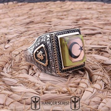 İpek Silver 925 Ayar Gümüş Sıkma Kehribar Taşlı Ay Yıldız Desenli Erkek Yüzük