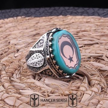 İpek Silver 925 Ayar Gümüş Sıkma Kehribar Taşlı Ay Yıldız Desenli Erkek Yüzük