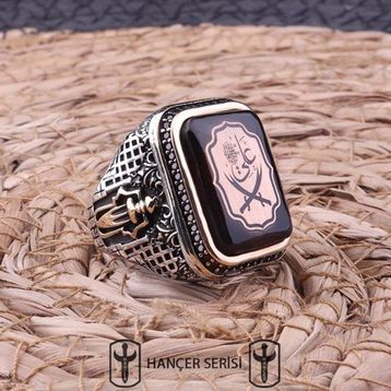 İpek Silver 925 Ayar Gümüş Sıkma Kehribar Taşlı Çift Başlı Zülfikar Desenli Erkek Yüzük