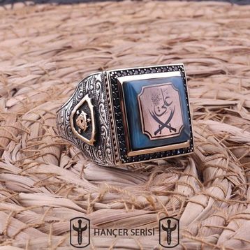 İpek Silver 925 Ayar Gümüş Sıkma Kehribar Taşlı Çift Başlı Zülfikar Desenli Erkek Yüzük