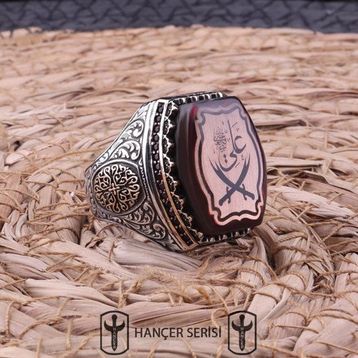 İpek Silver 925 Ayar Gümüş Sıkma Kehribar Taşlı Çift Başlı Zülfikar Desenli Erkek Yüzük