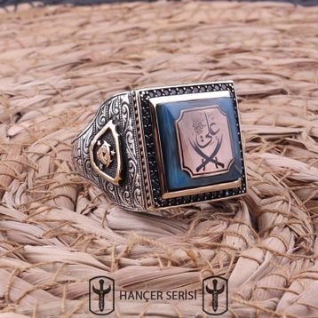 İpek Silver 925 Ayar Gümüş Sıkma Kehribar Taşlı Çift Başlı Zülfikar Desenli Erkek Yüzük