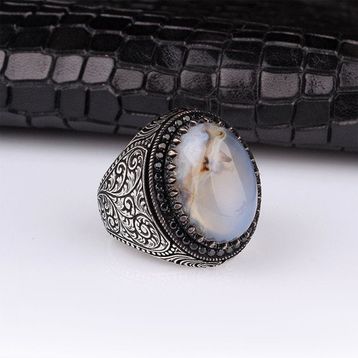 İpek Silver 925 Ayar Gümüş Yemen Akik Taşlı Kalem Motifli Yüzük