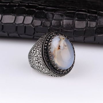 İpek Silver 925 Ayar Gümüş Yemen Akik Taşlı Kalem Motifli Yüzük