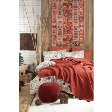 İyi Geceler İstanbul Boho Chic Çift Kişilik Püsküllü Battaniyeli Tarçın Nevresim Seti