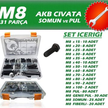 İzeltaş 231 Parça M8 Akb Civata Somun ve Pul Seti Anahtar