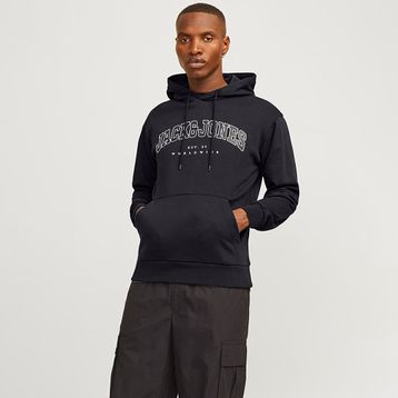 Jack & Jones 12256521-BLK Caleb Varsity Siyah Kapüşonlu Erkek Sweatshirt