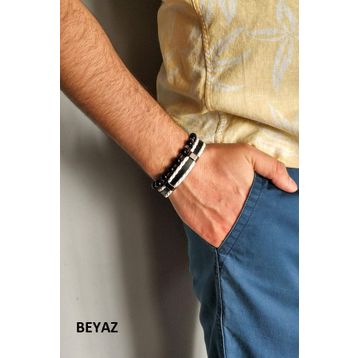 Janti JTKB19012 Li Kombin Doğal Taş ve Deri Erkek Bileklik